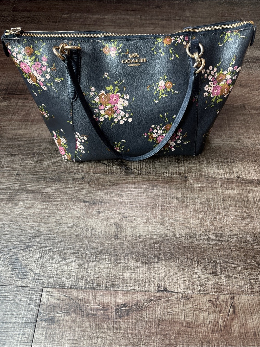 Coach Ava Navy Floral Leather Tote with Pink and Cream Blooms